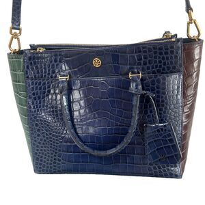 Tory Burch Crossbody Parker Navy Croc/486 Embossed Leather Satchel Gold Hardwear